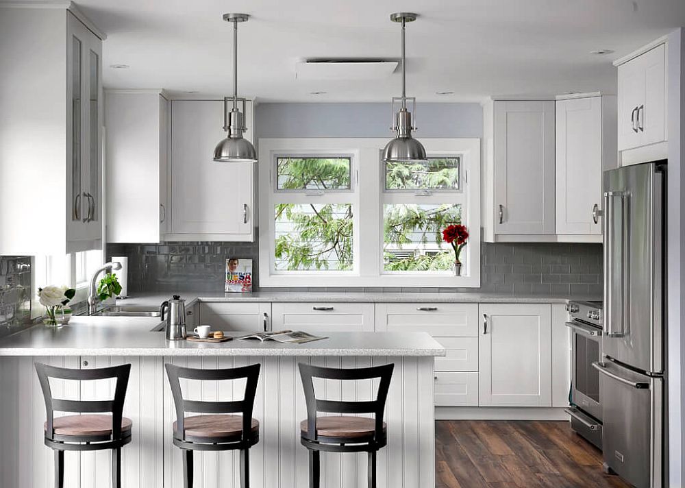 Elegant kitchen of lakeside retreat in gray and white [From: David Coulson Design]