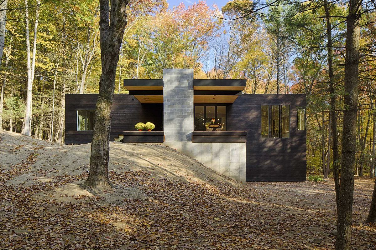 Exposed concrete and cedar shape the facade