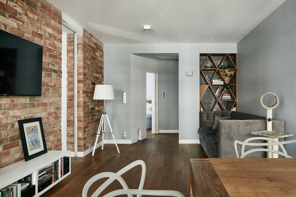 Exposed red brick walls for the living area