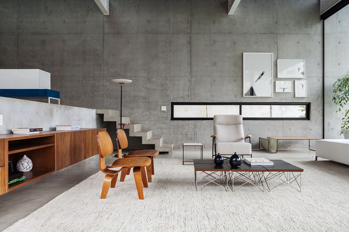 Floating wooden cabinet in living room with midcentury style