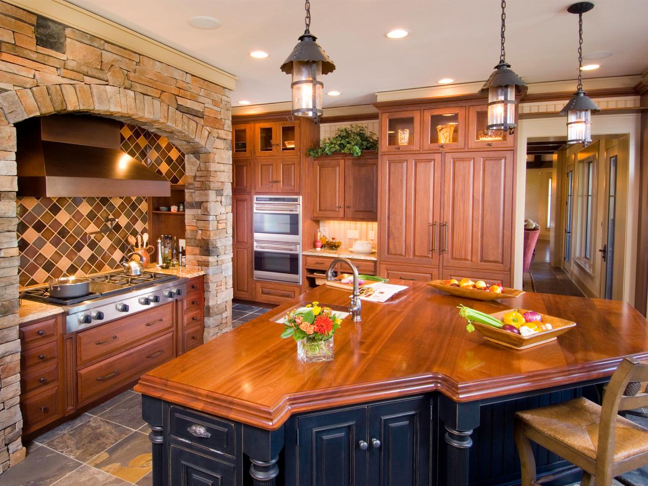 Glamorous and superior kitchen with a polished wooden countertop