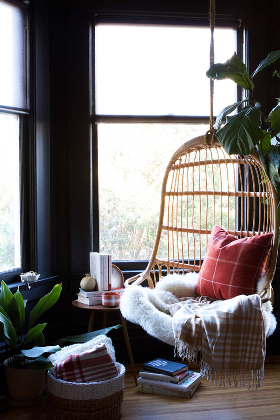 Hanging reading chair that feels like a cozy shell