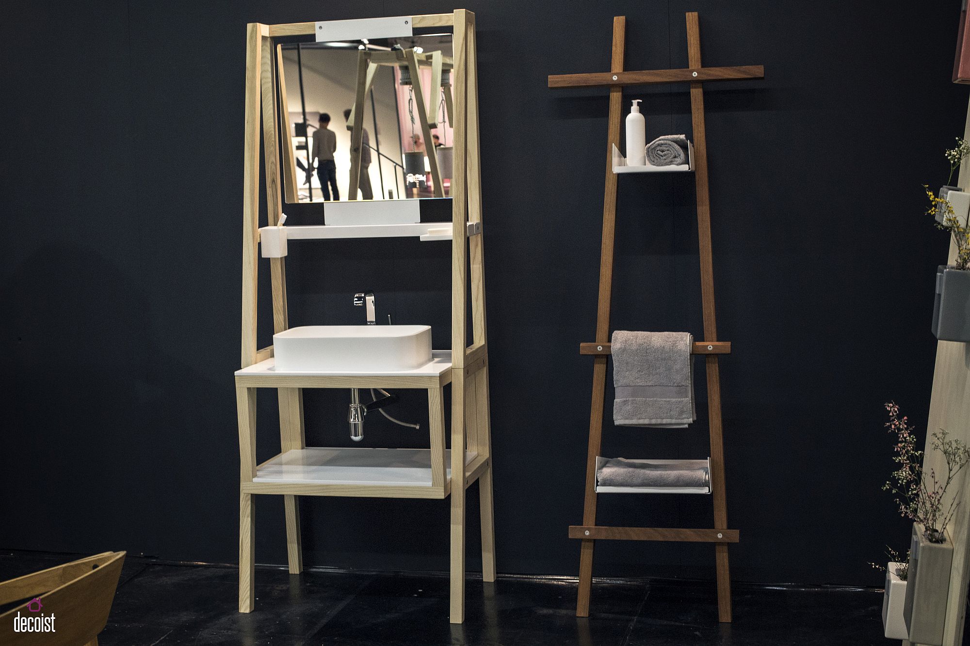 Innovative and space-savvy ladder shelf and sink for the small bathroom