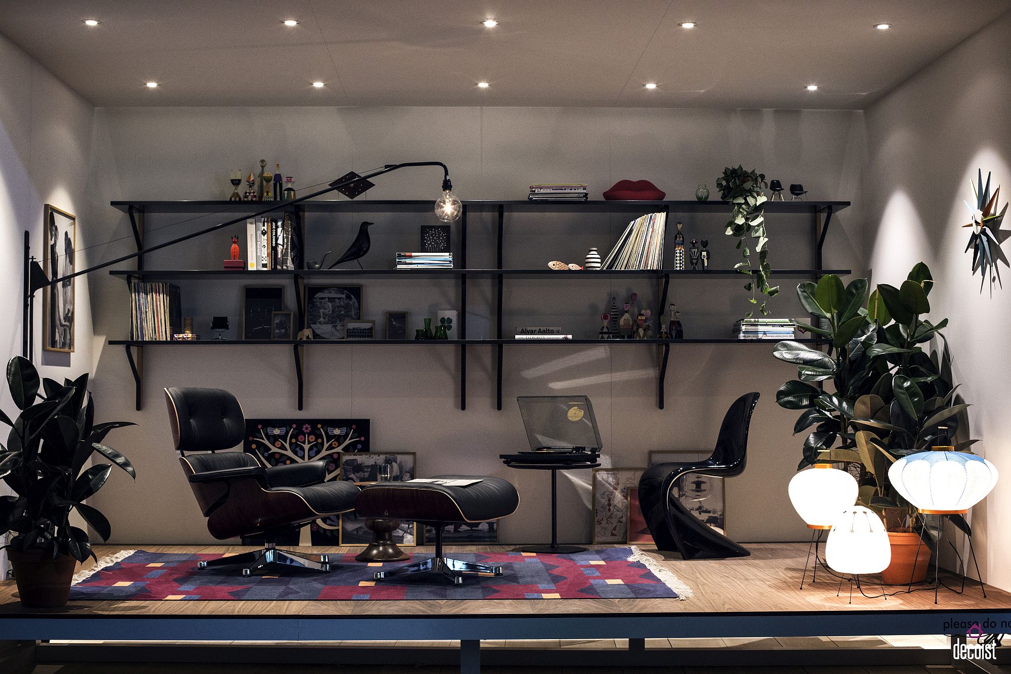 Innovative lighting coupled with Eames Lounger creates a comfy reading nook in the home office