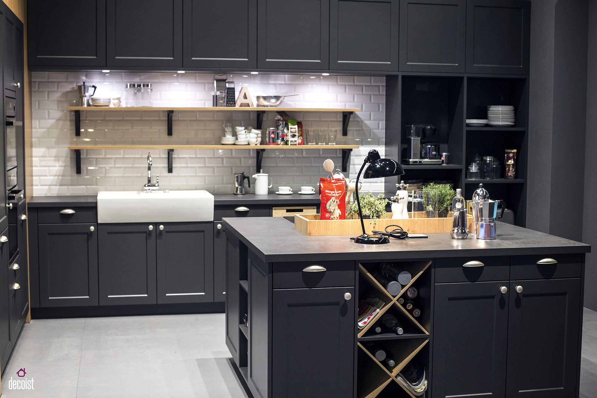 Kitchen-in-gray-with-wine-storage-space-and-white-tiled-backsplash