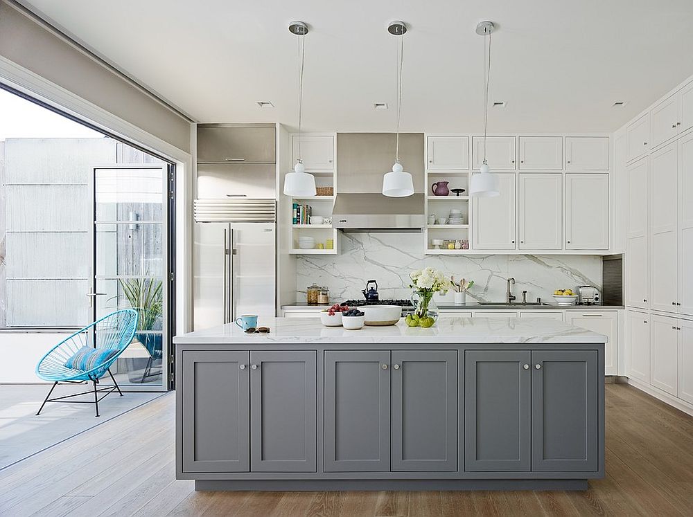 light grey cabinet in white kitchen