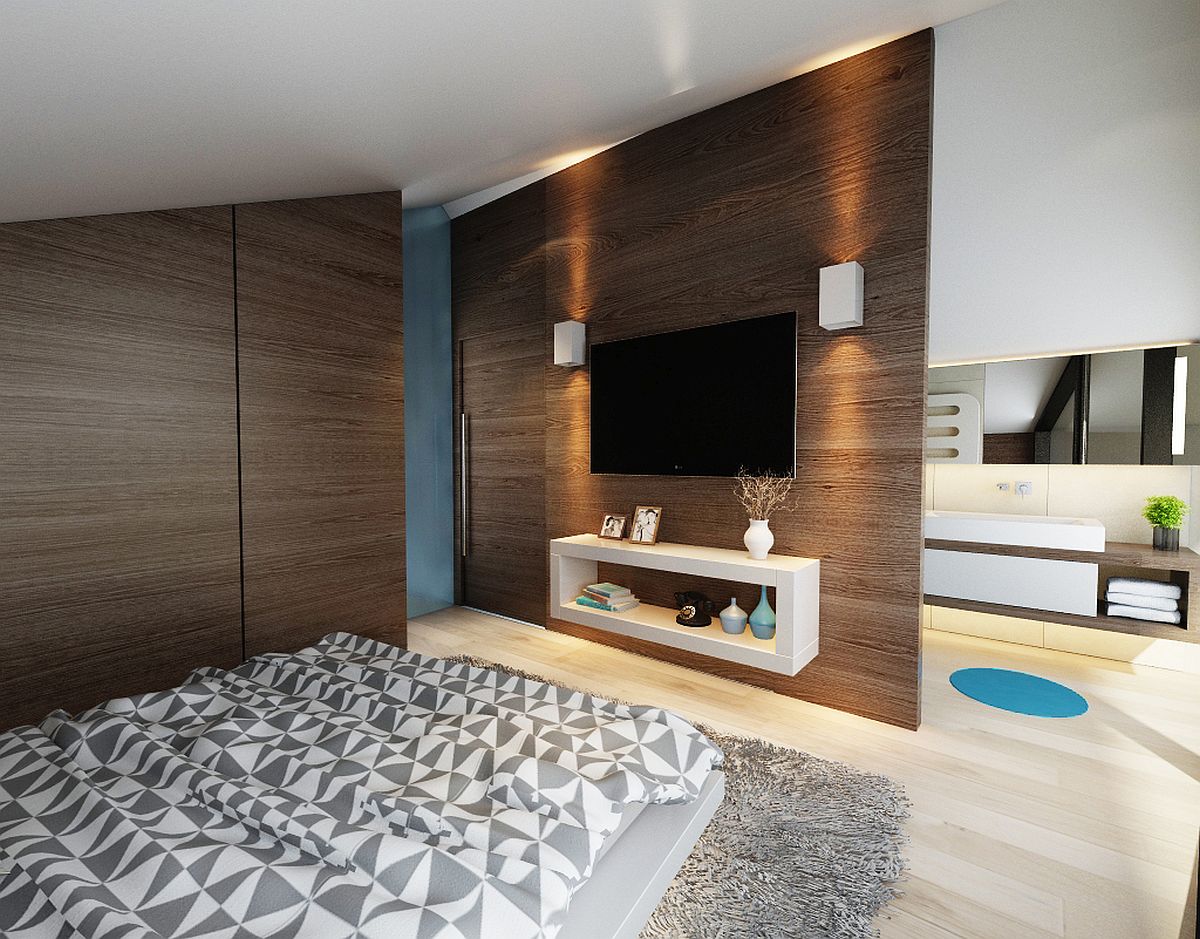 Master bedroom and bathroom in white and wood