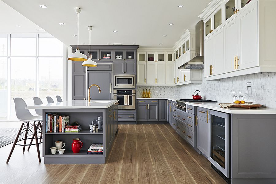 Modern-kitchen-in-gray-with-white-backdrop-and-countertops