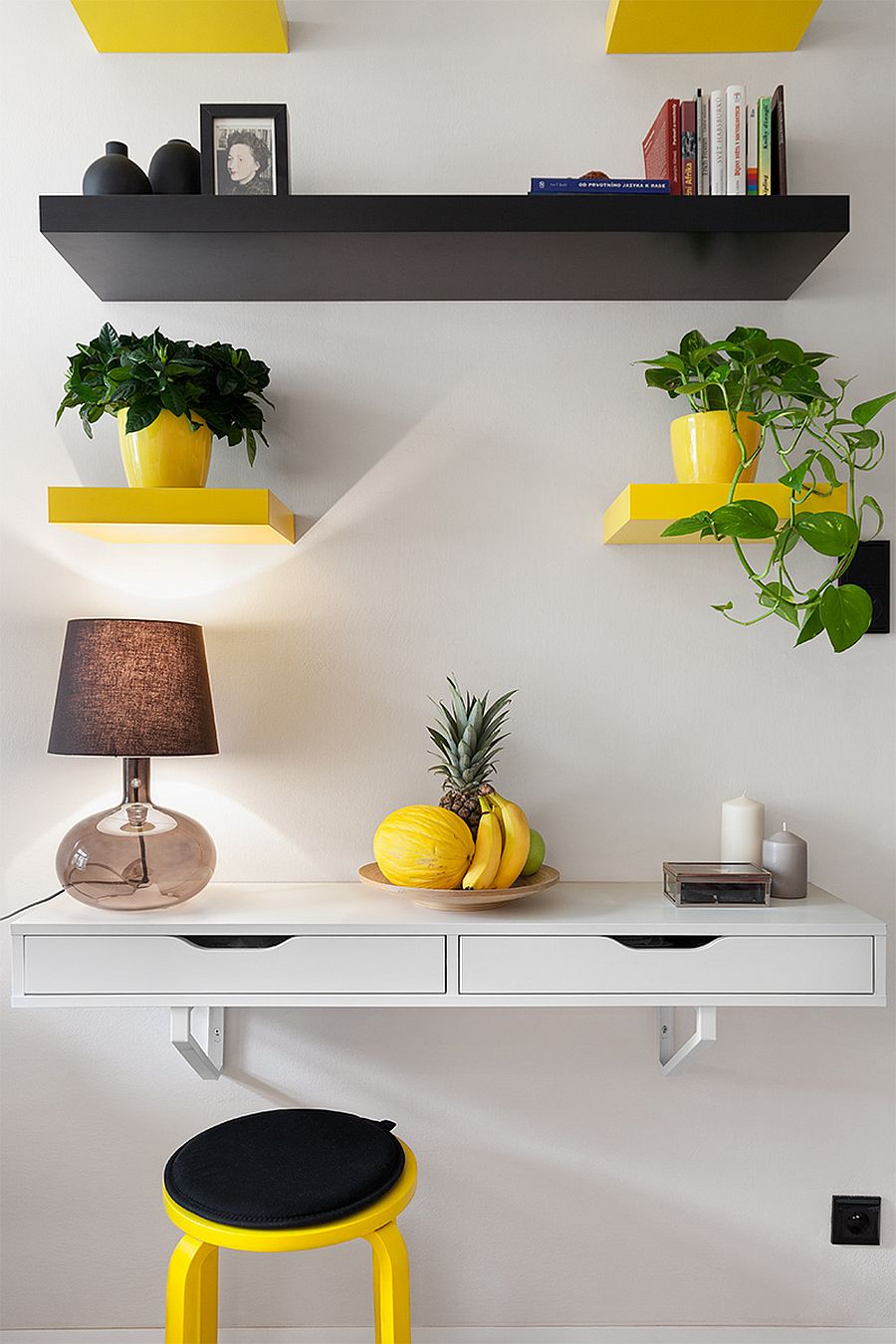 Pops of yellow stand out more vividly thanks to the neutral backdrop