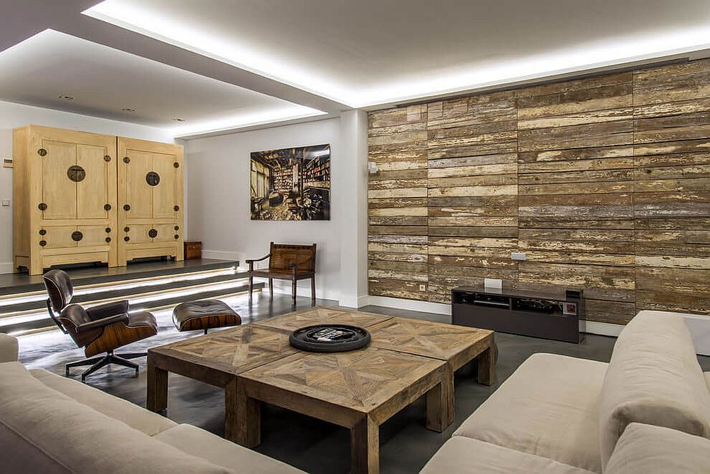 Wood Walls Living Room With Wooden Ceiling