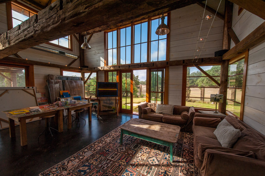 Rustic cottage interior with an art studio inside the living room.