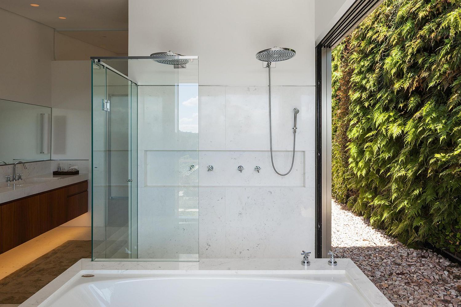 Shower area of the bathroom connected with the living wall outside