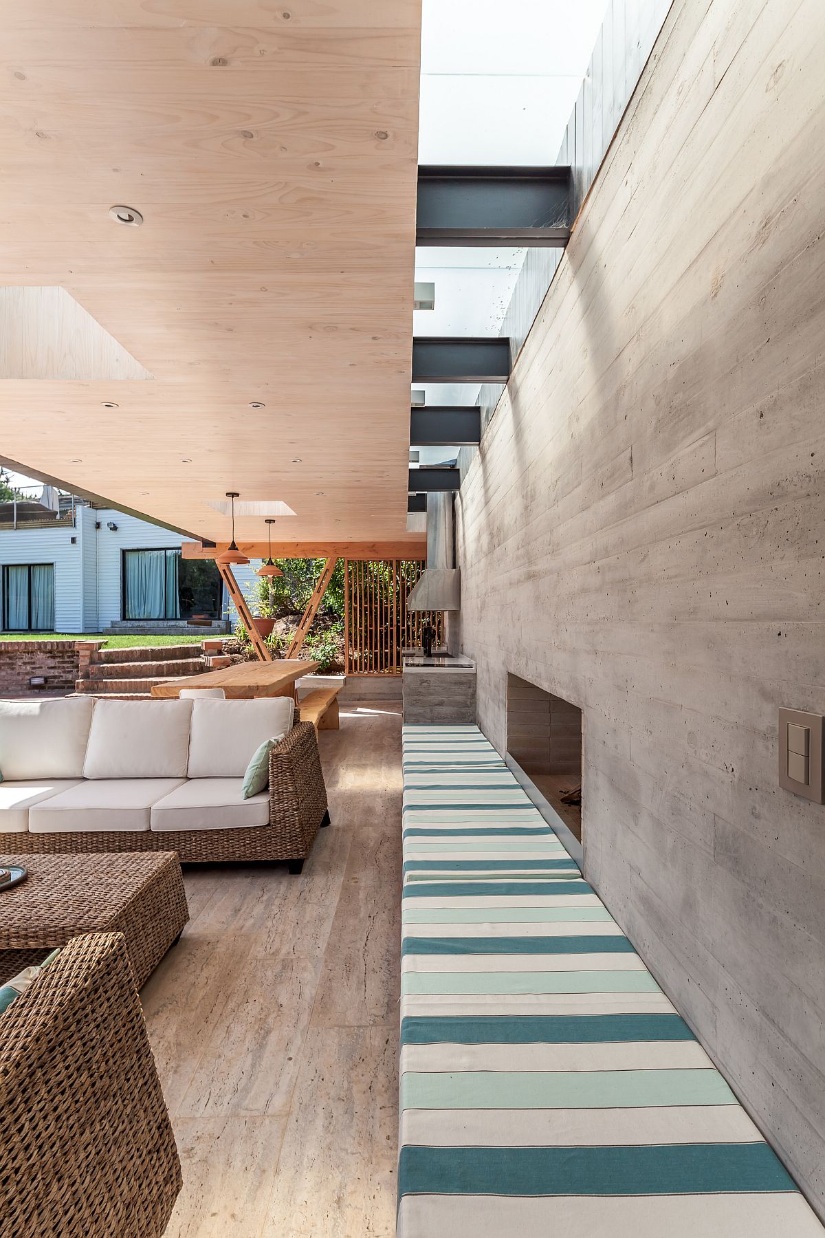 Skylights next to the concrete wall usher in abundant natural light