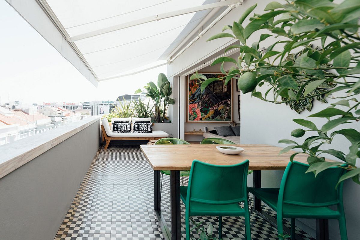 Small balcony with tiled floor and space for al fresco dining