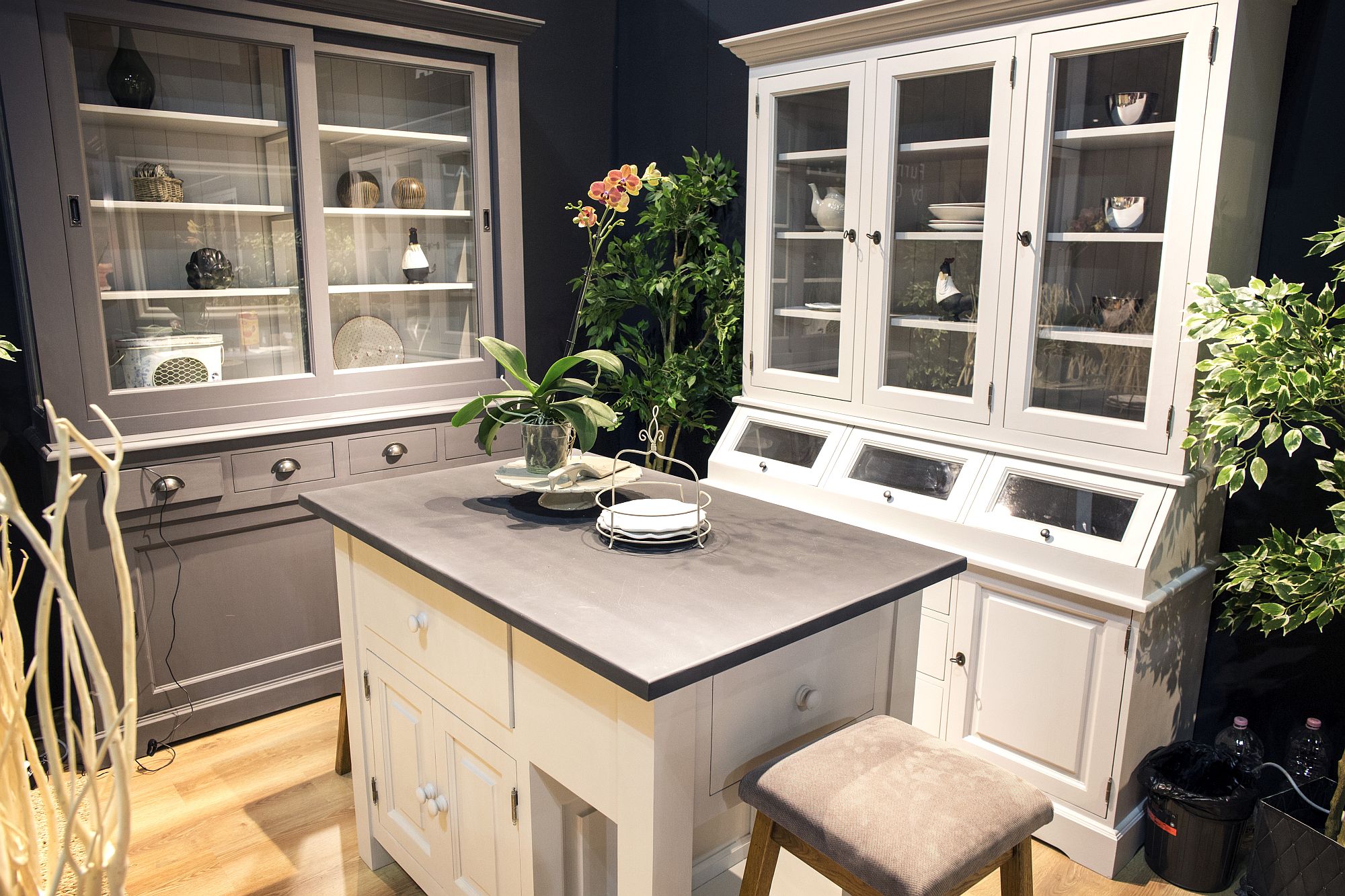 Small kitchen with plants in the corner has a refreshing ambiance