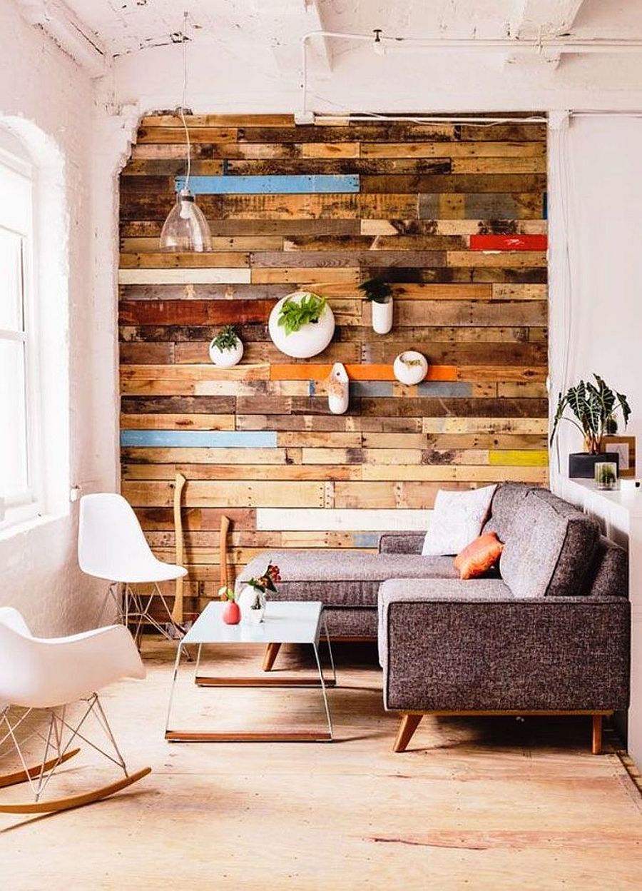 Small living room with accent wall crafted out of reclaimed wooden panels