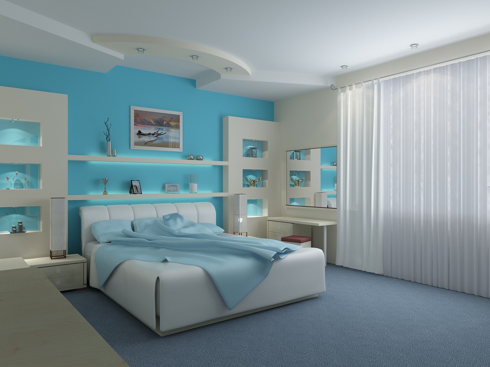 Trendiest bedroom with turquoise and cream interior