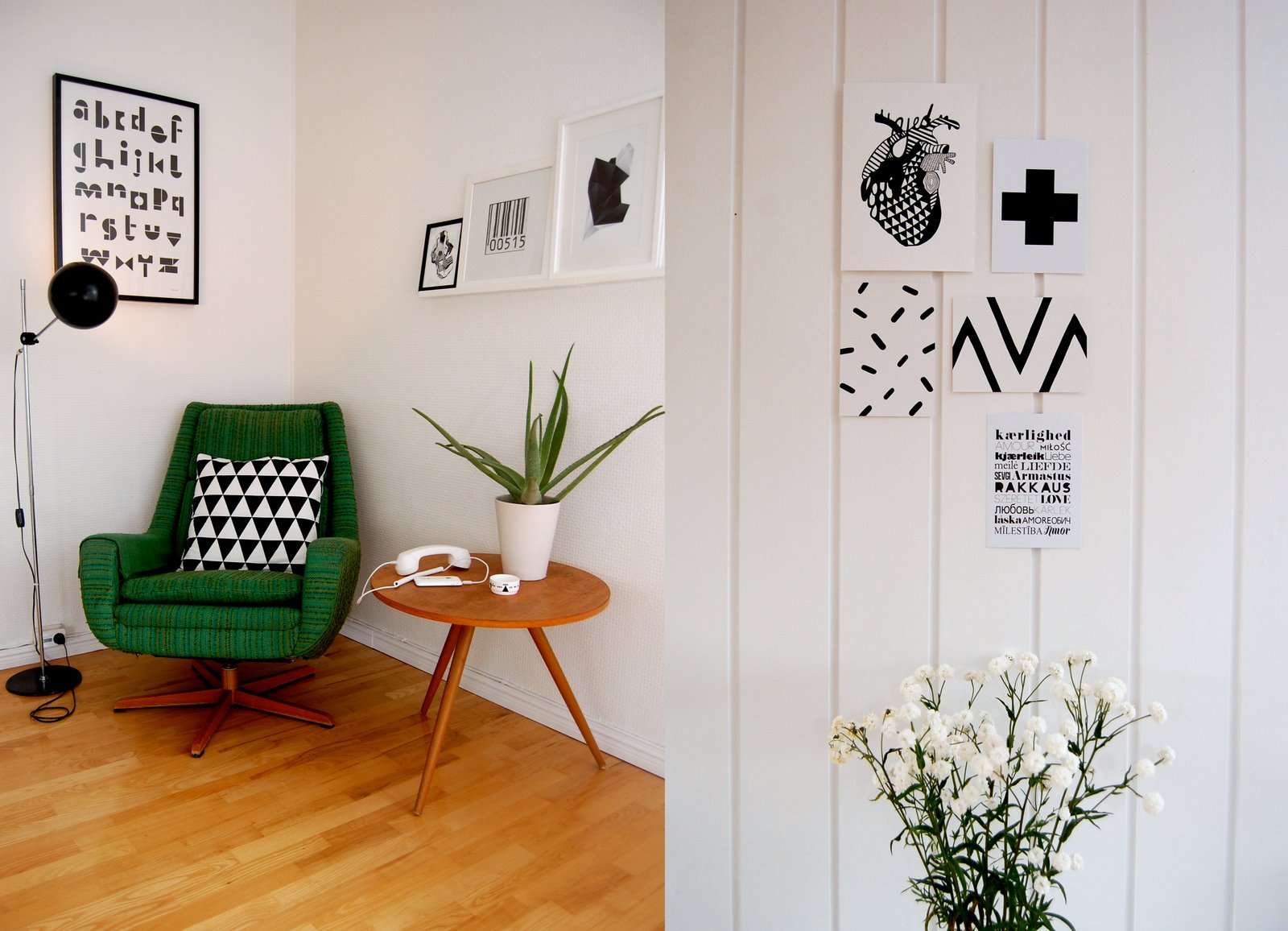 Vibrant green reading chair with a monochrome cushion