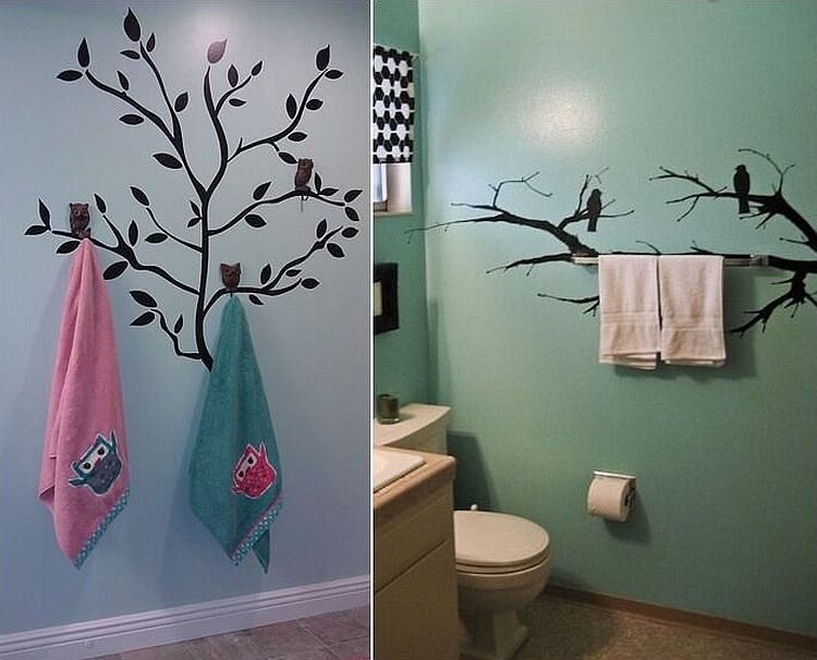 Wall decals coupled with towel hooks for a fun towel display