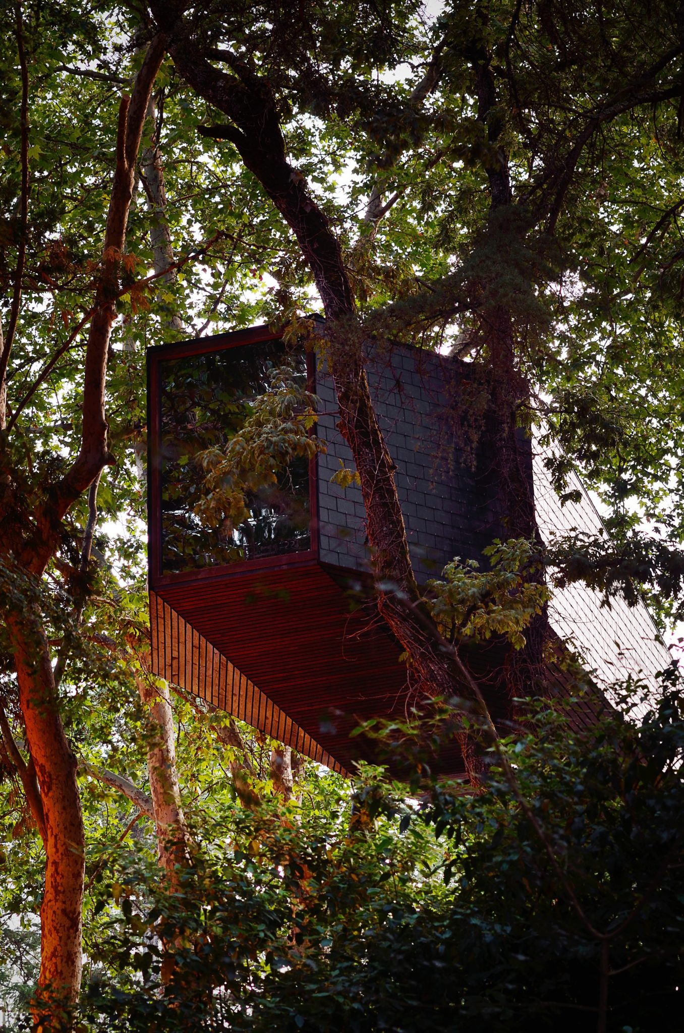 A wooden treehouse with a geometric design