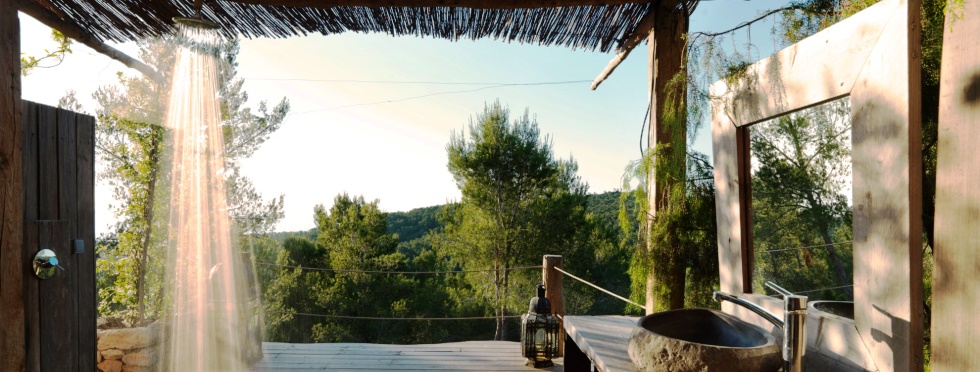 An outdoor shower with an outstanding view