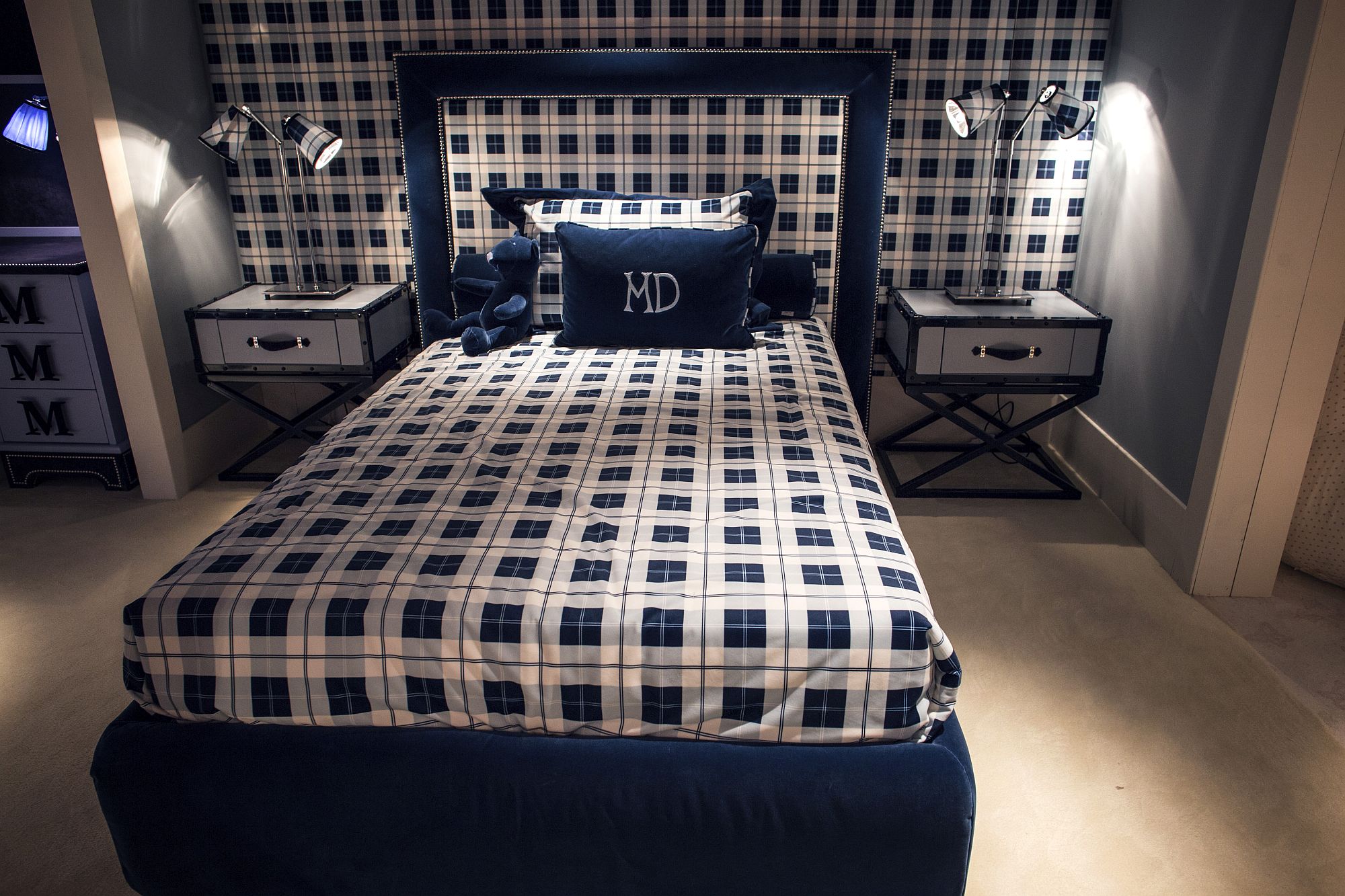 Blue and white tween bedroom with simple pattern and matching nightstands