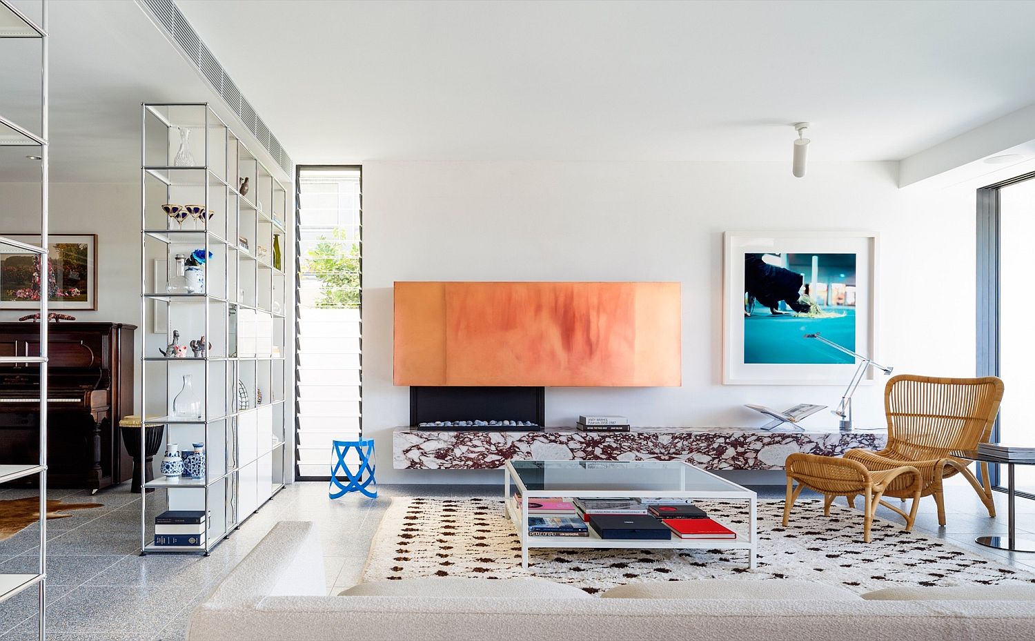 Breezy modern living area in white with pops of color