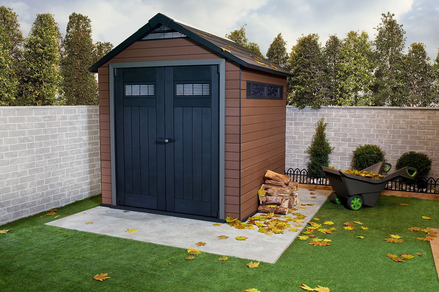 Brown-and-navy-blue-garden-shed-in-an-urban-garden-