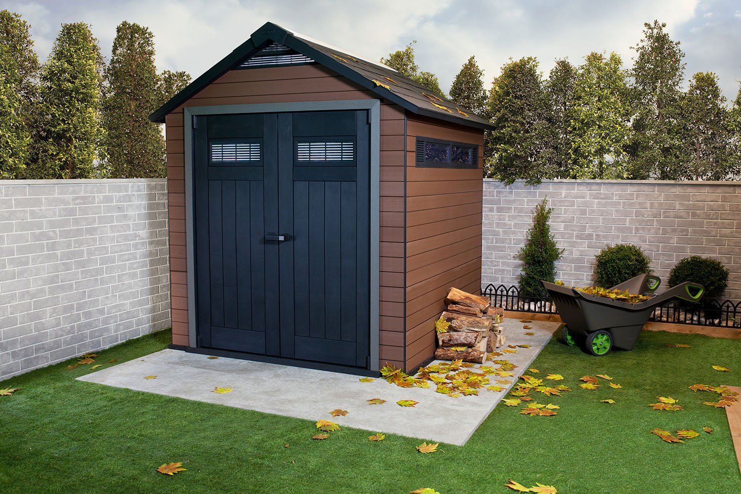 Brown and navy blue garden shed in an urban garden