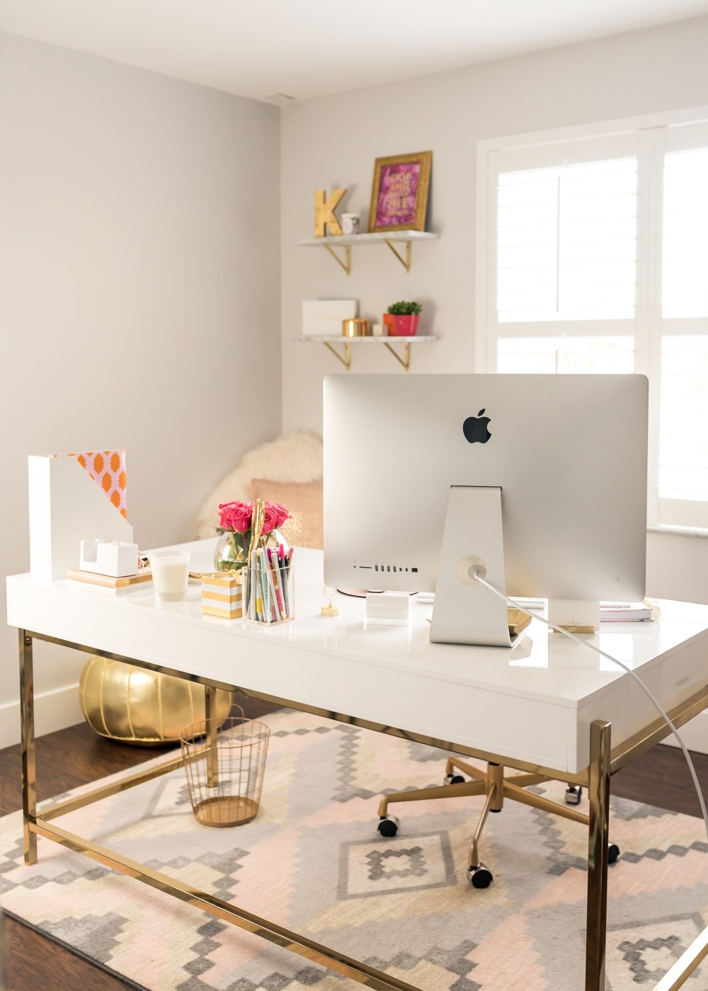 white and rose gold office desk