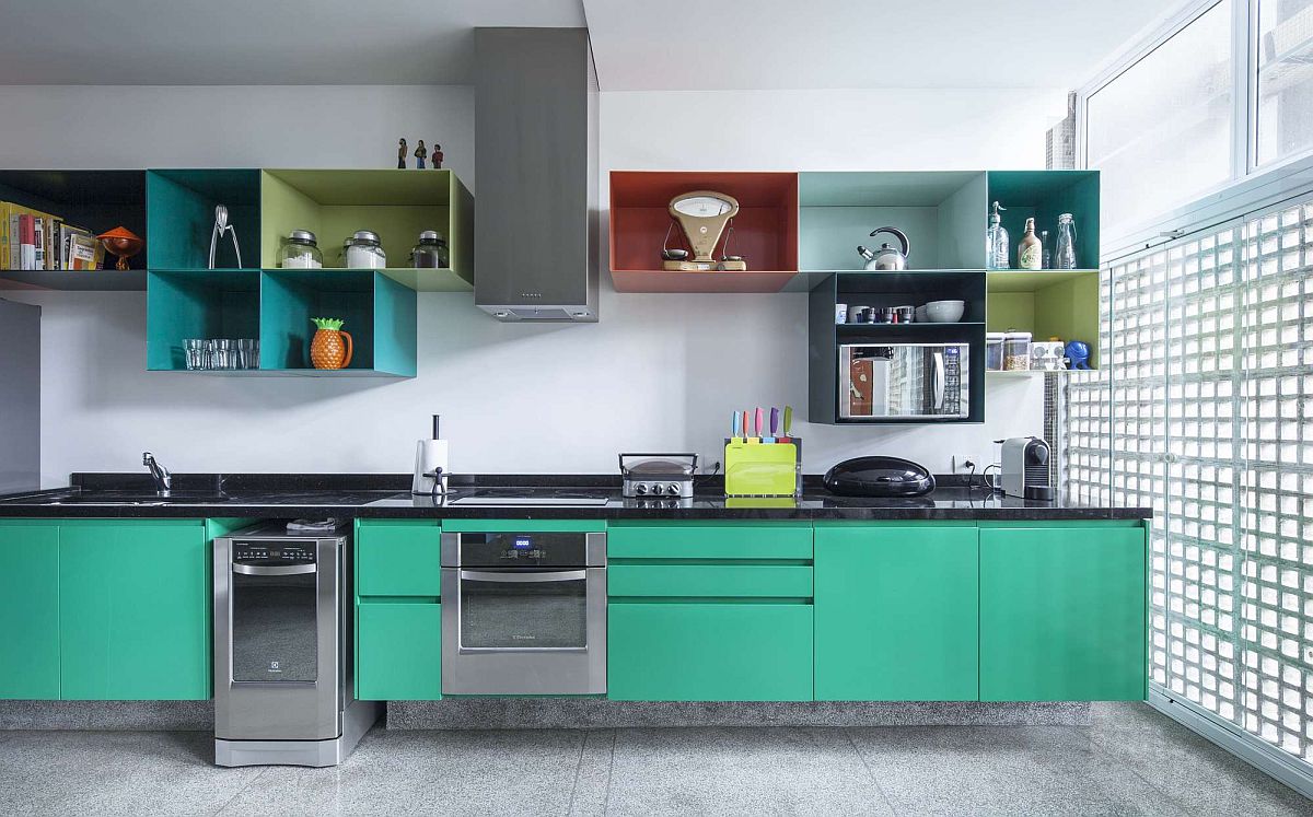 Colorful kitchen cabinets bring the interior alive