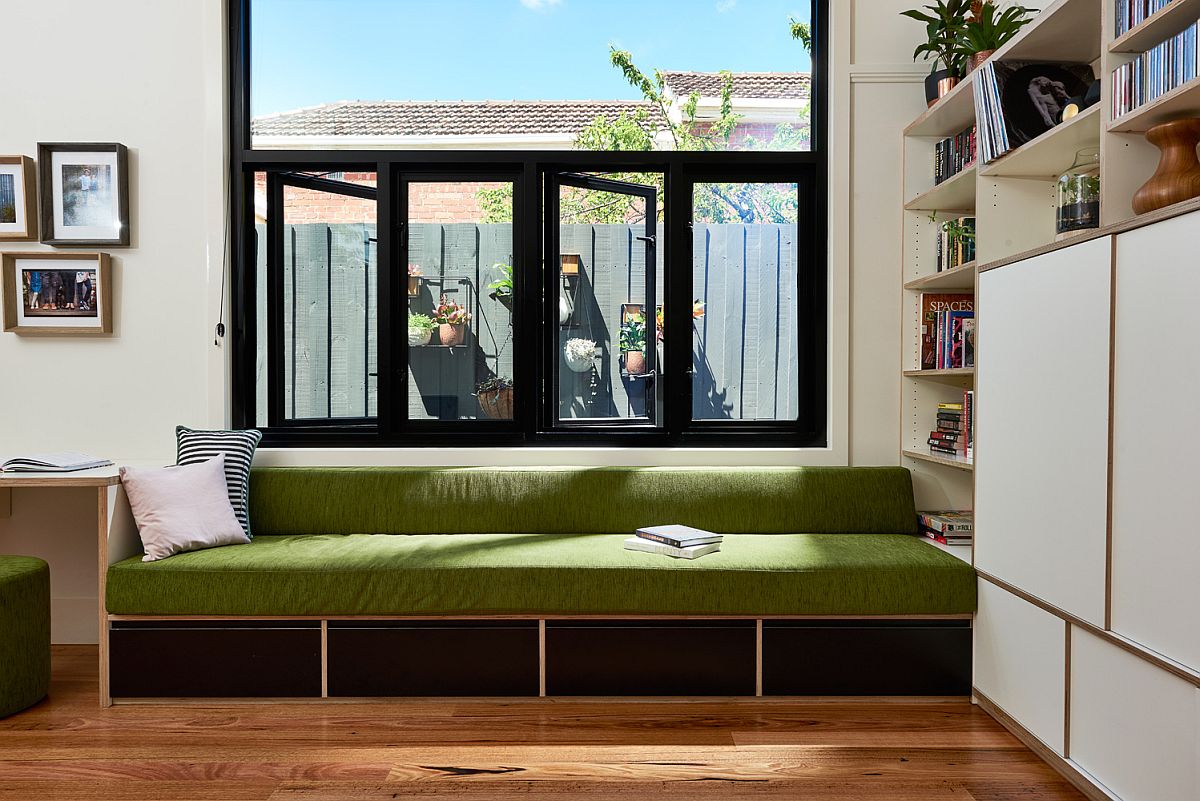 Comfy daybed in green for study room with storage space underneath