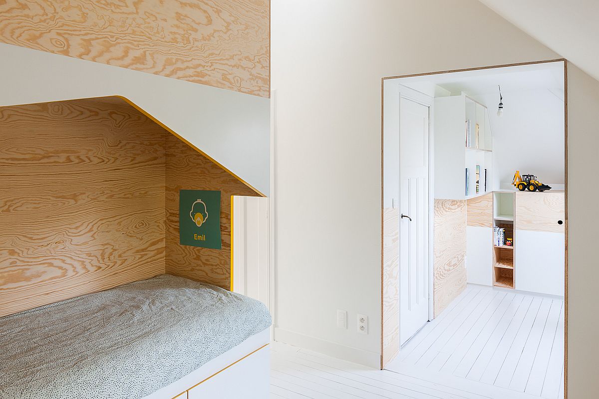 Entrance to the attic level kids' room with bespoke loft beds