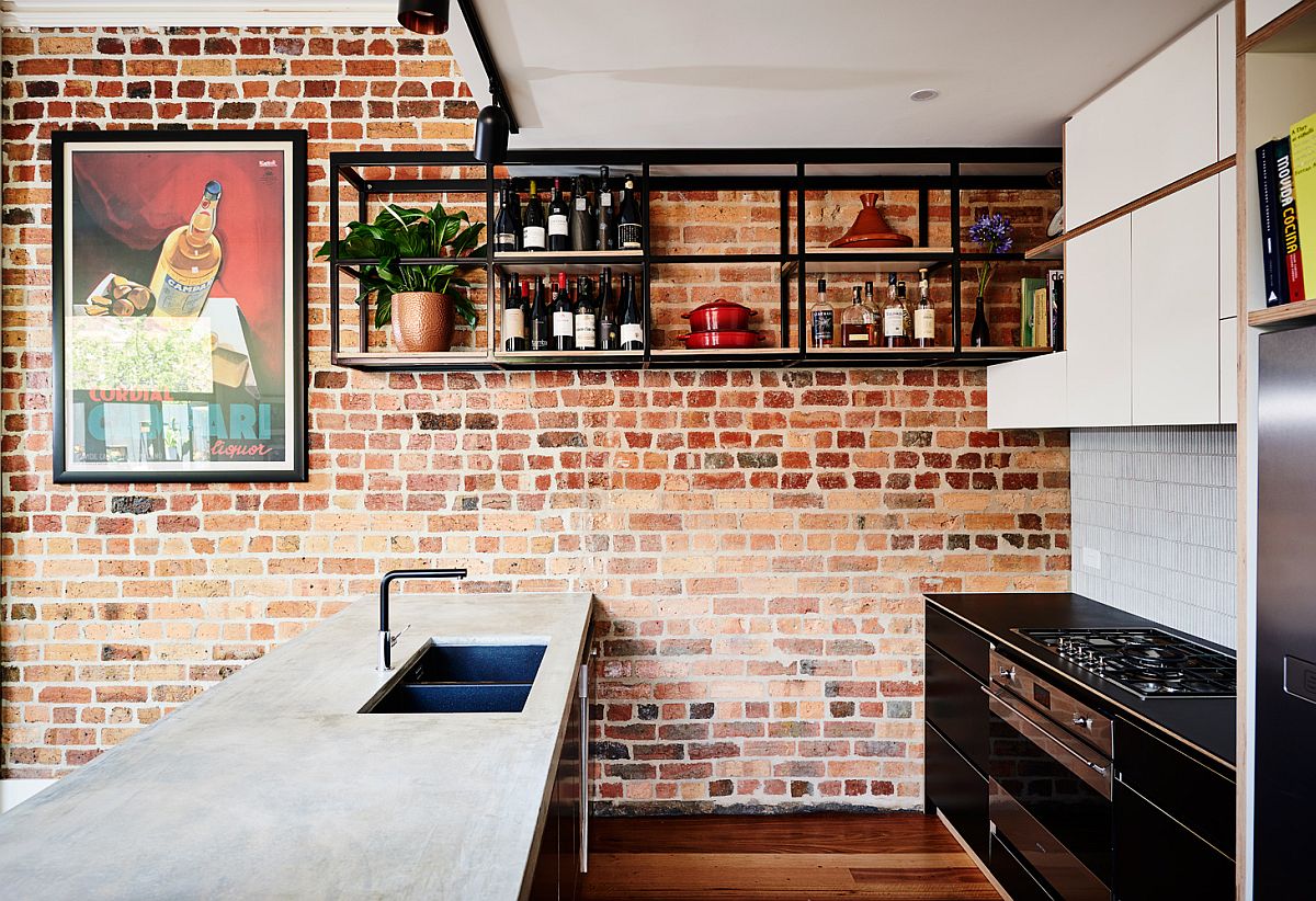 Kitchen shelf with metallic frame and wooden boards is perfect for industrial settings