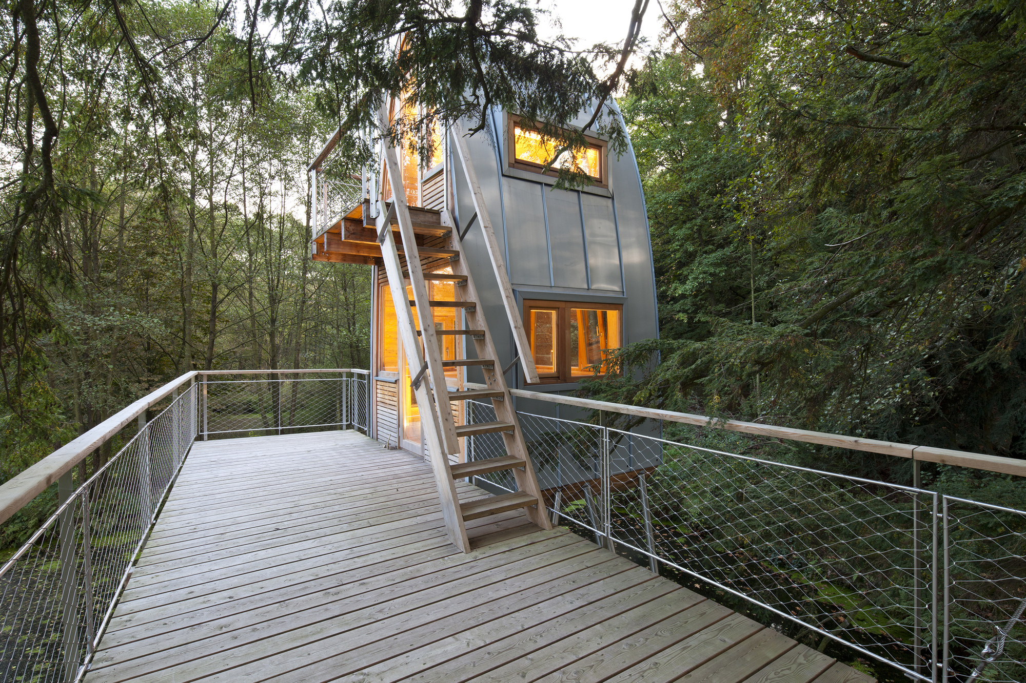 Modern tin treehouse with an illuminated interior