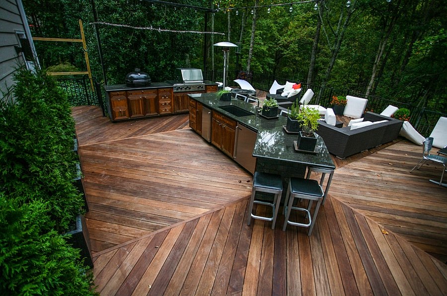 Outdoor kitchen with a mix of rustic and modern decor