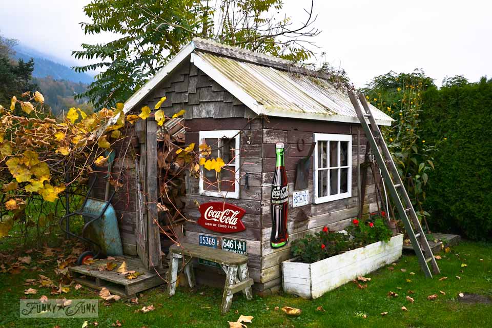 Rustic garden shed with vintage ornaments