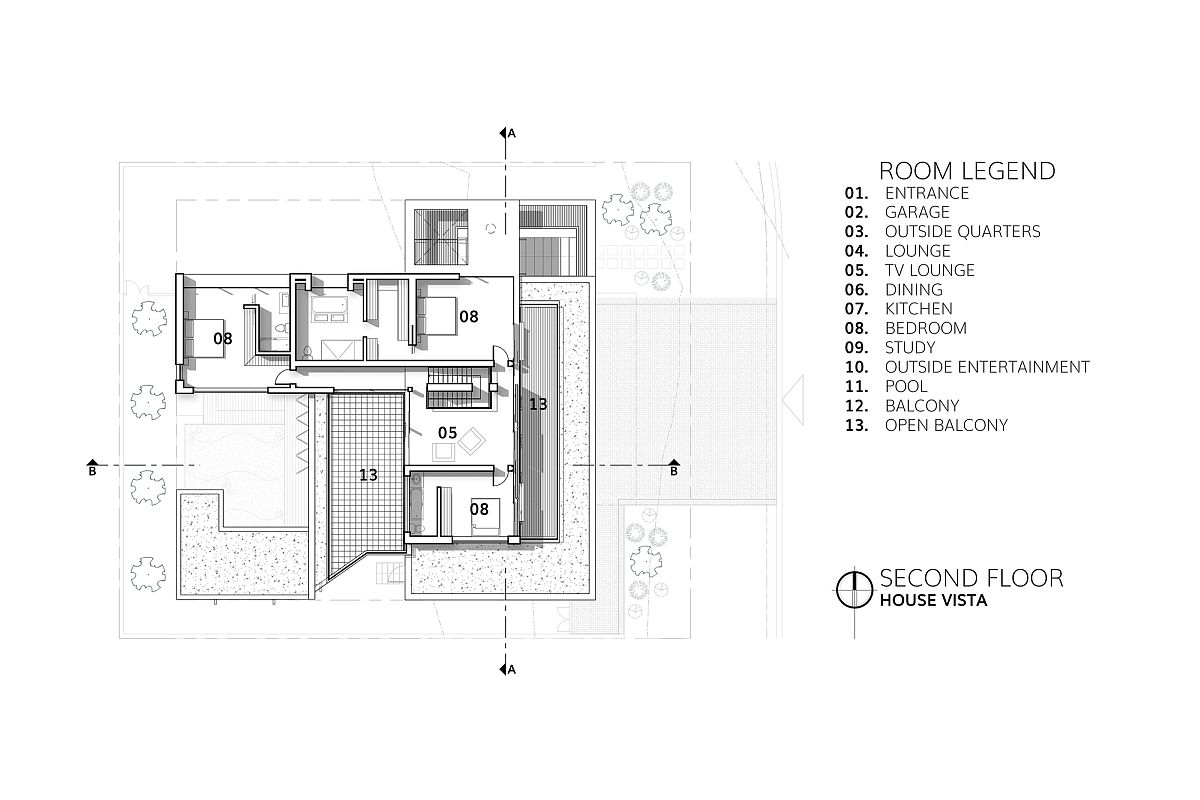 Second level plan with bedrooms and private space