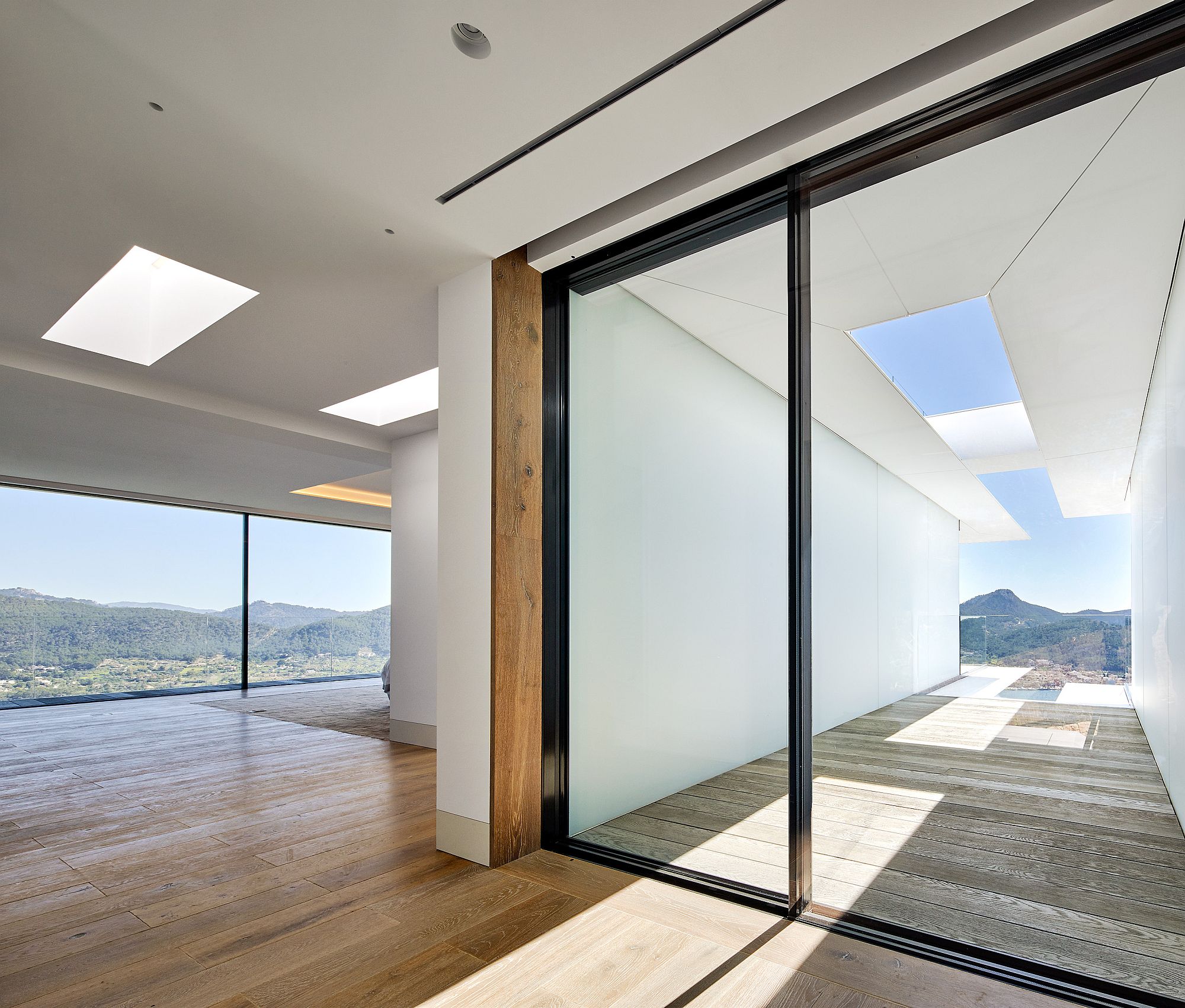 Skylights and large glass doors bring the outdoors inside