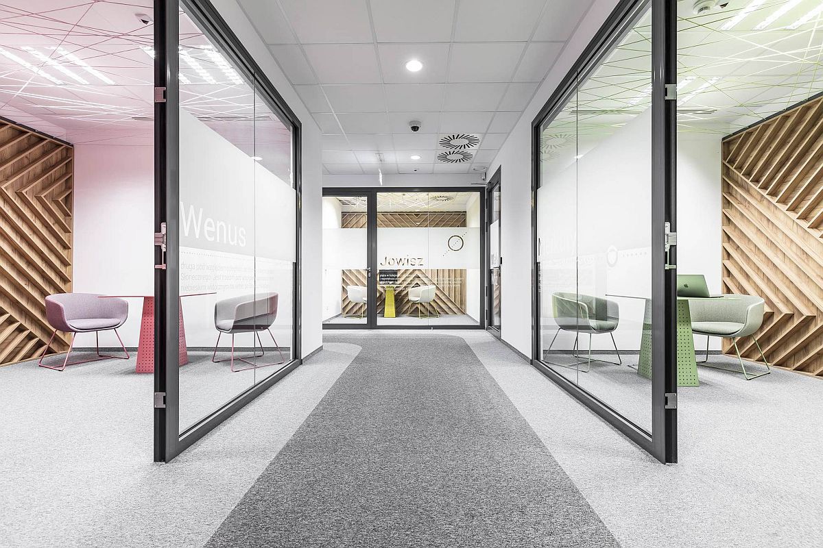 Sliding glass doors help create a more dynamic office interior