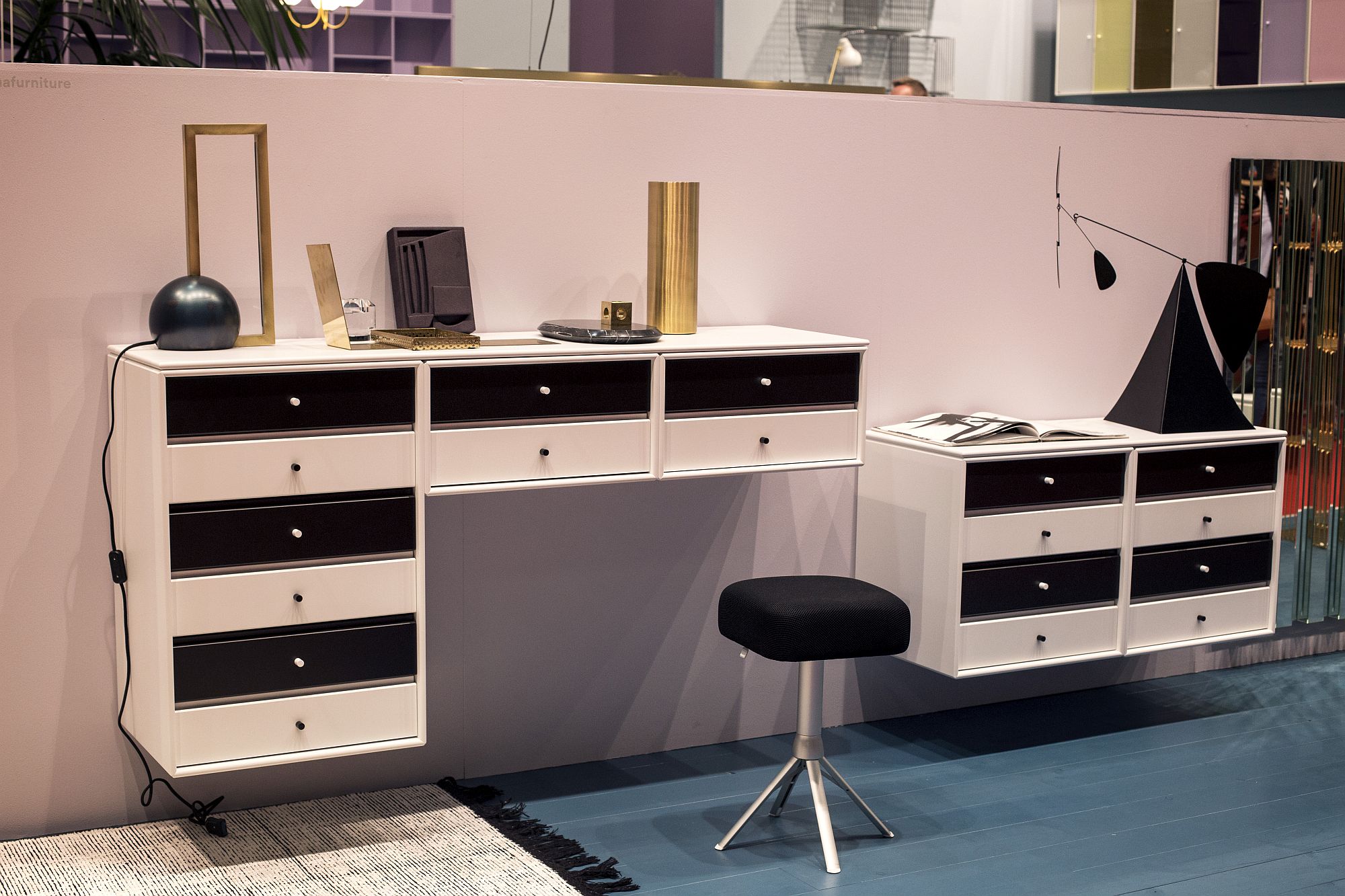 Smart, modular shelving that is wall-mounted also offers a cool work surface when needed