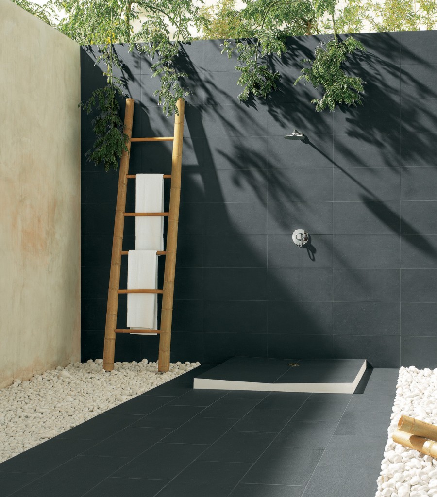 Sophisticated outdoor shower with a contemporary monochrome color palette