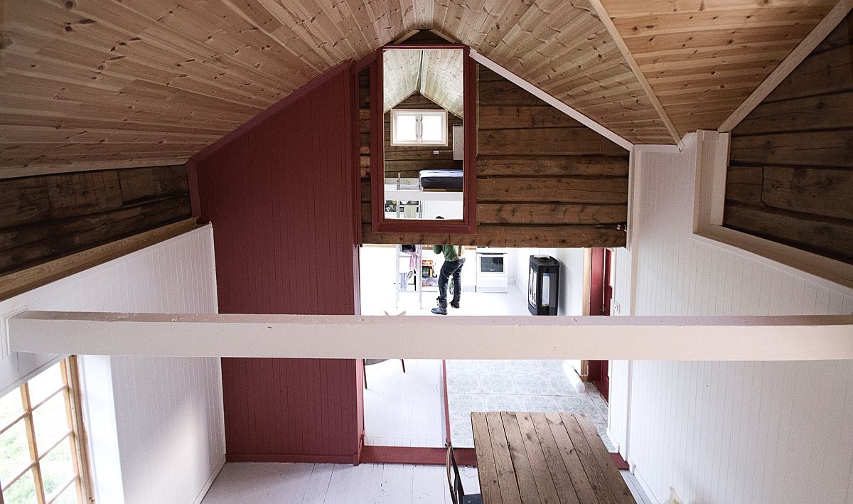 Spacious cabin interior with pops of red