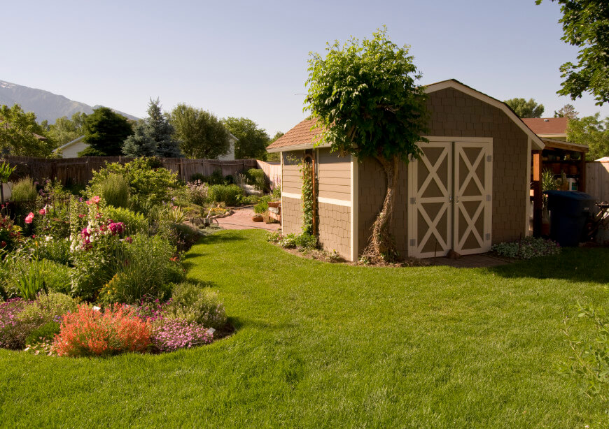 The classic garden shed with a light brown exterior