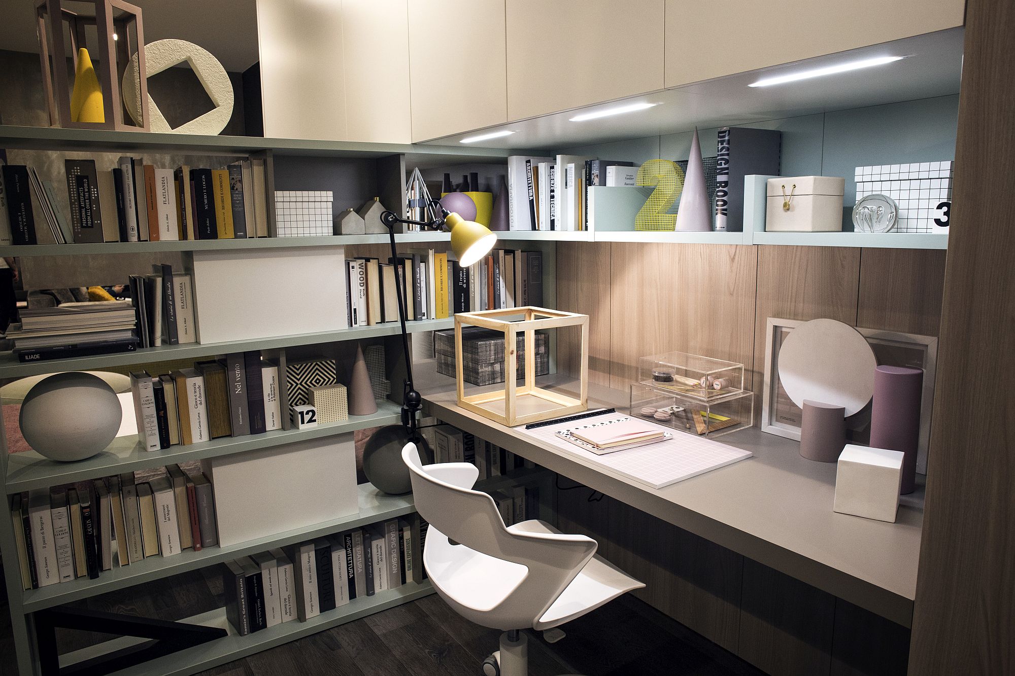 Under-cabinet LED lighting adds to the appeal of the bookshelf