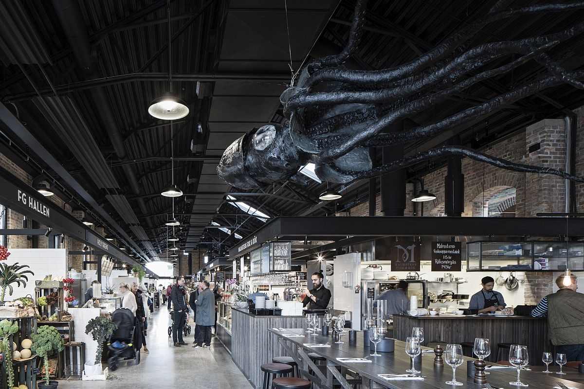 Unique interior of the industrial market hall in Malmo