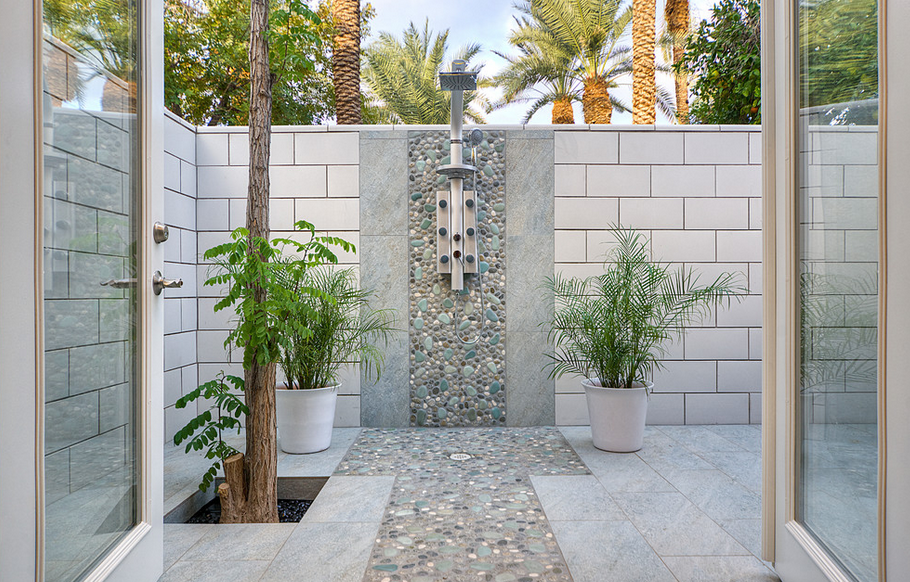 Vast outdoor shower with an outdoorsy twist on a classic bathroom concept