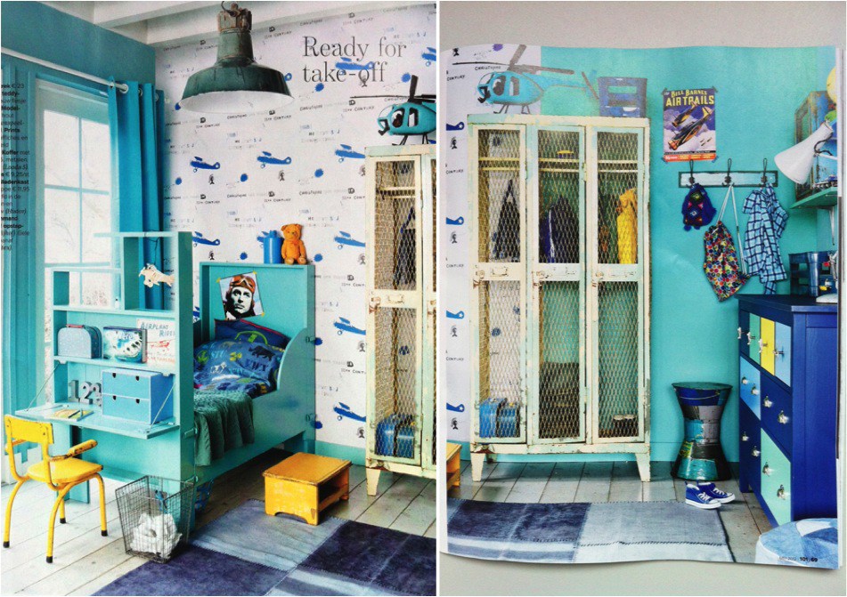 Vibrant-blue-vintage-room-with-a-shabby-gym-locker-