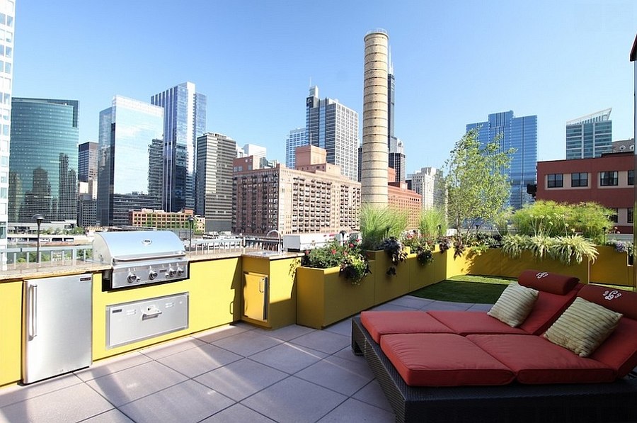 Vibrantly colored outdoor rooftop kitchen