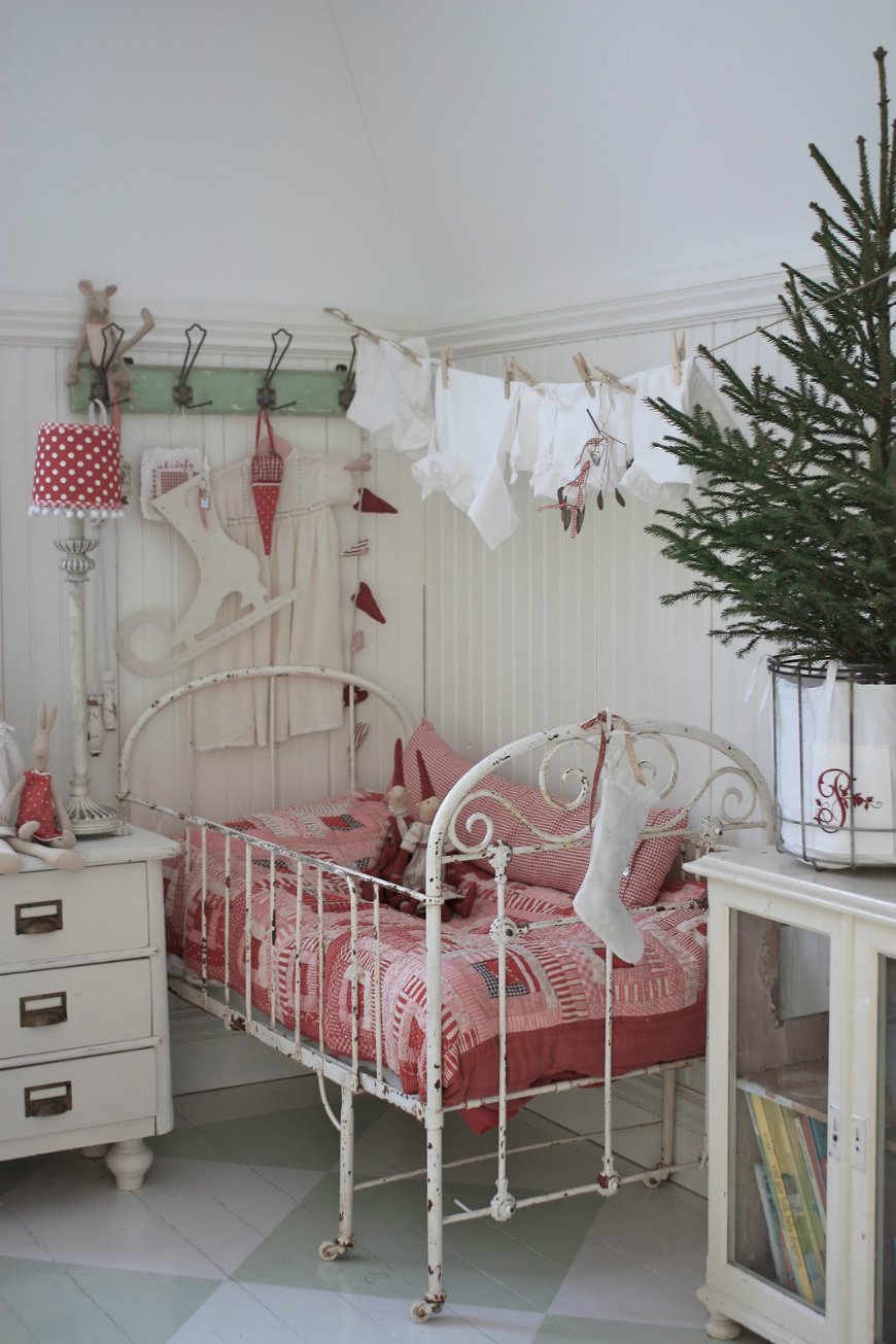 Vintage kids room with a mint and white interior